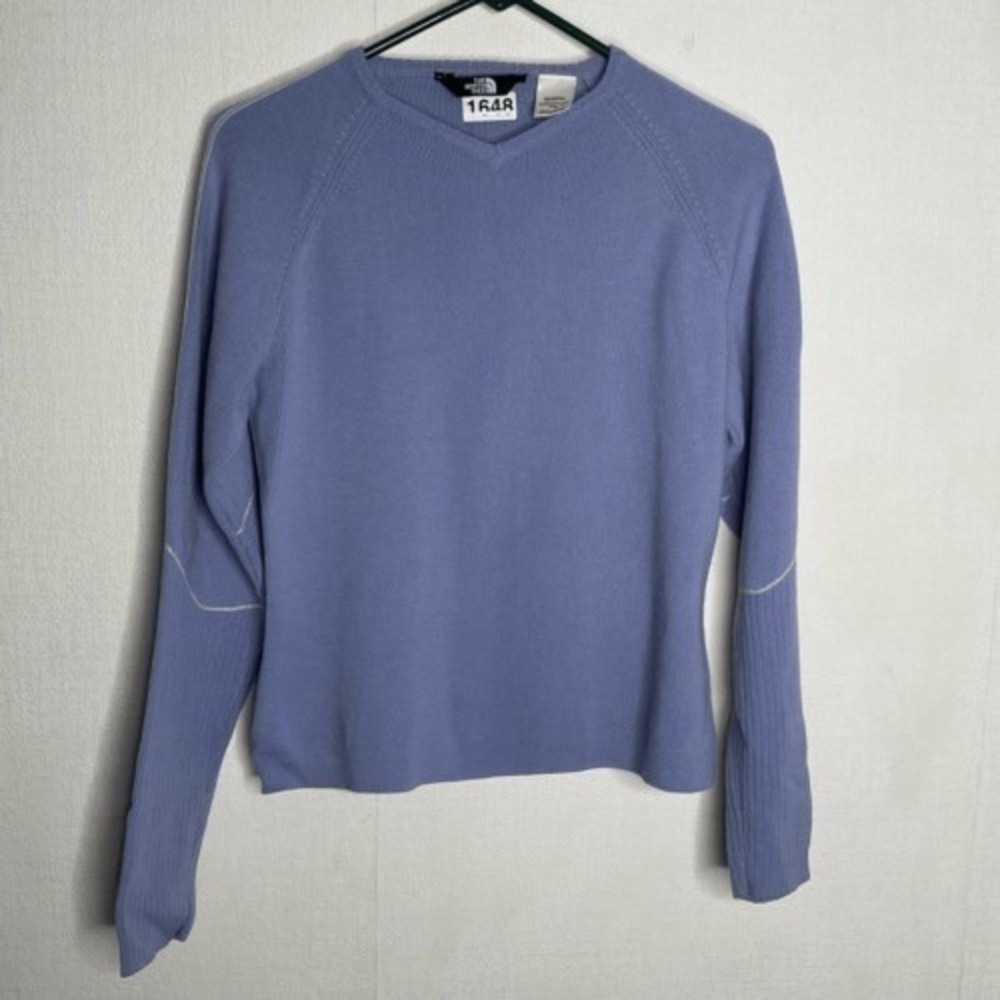VTG The North Face Blue V-Neck Sweater Pullover Women Medium Hong Kong 100% Wool